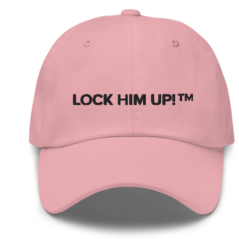 A pink hat with black text

Description automatically generated